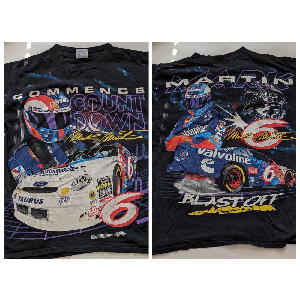 1993 Mark Martin 6 Blast Off All Over Print Black T Shirt Nascar Track Gear L